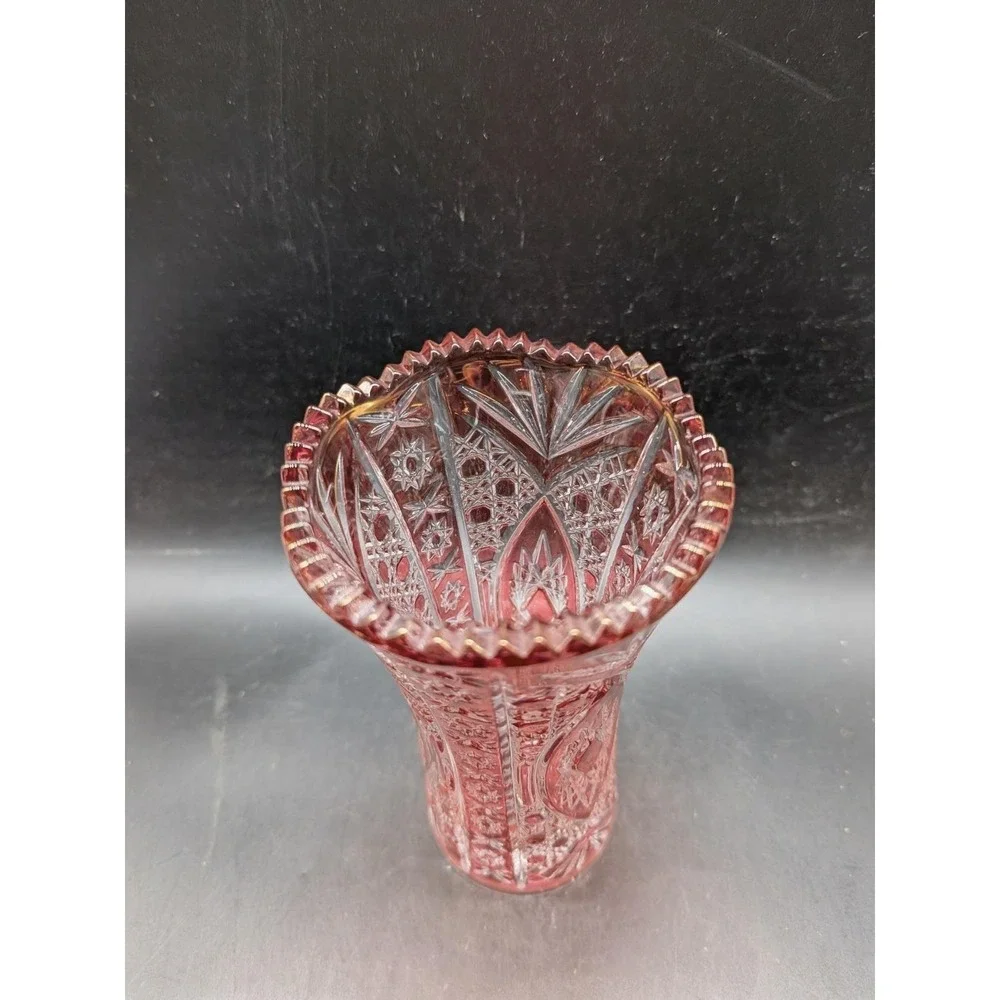 Vintage Crystal De Arques Ruby Red Cut Clear Glass Vase Sawtooth Starburst 6.75